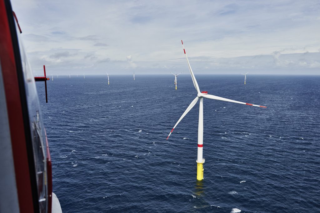 An aerial photo of Vattenfall's offshore wind farm in Germany
