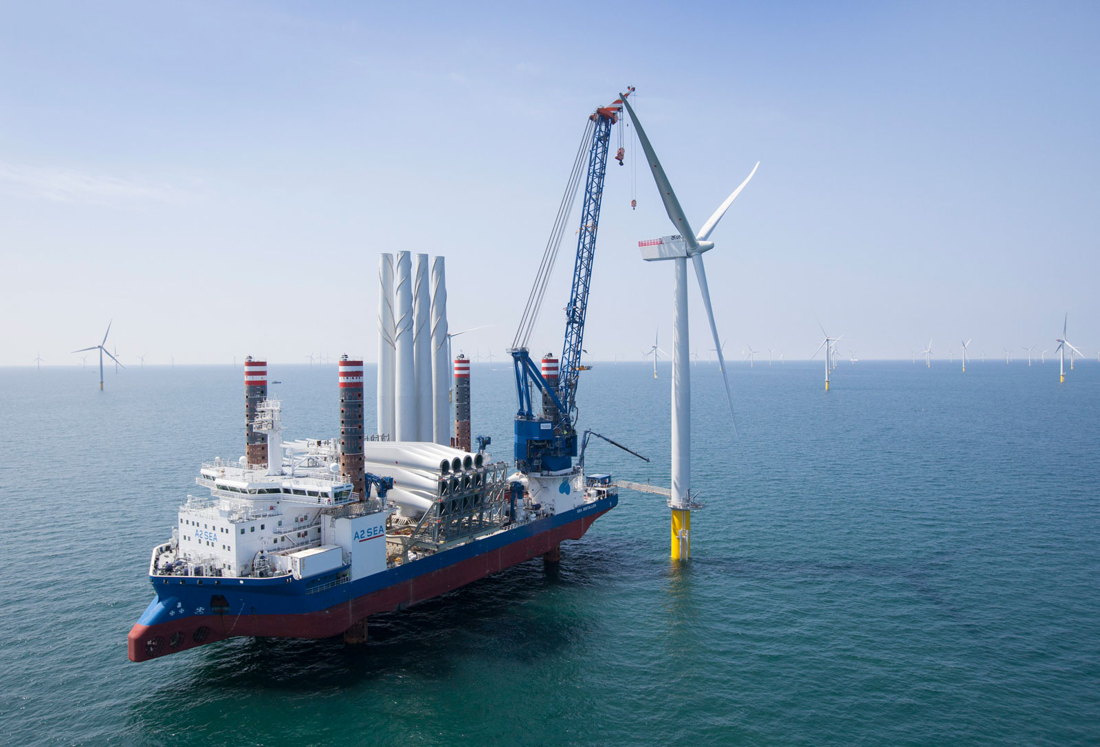 A photo of Iberdrola's West of Duddon Sands offshore wind farm during construction