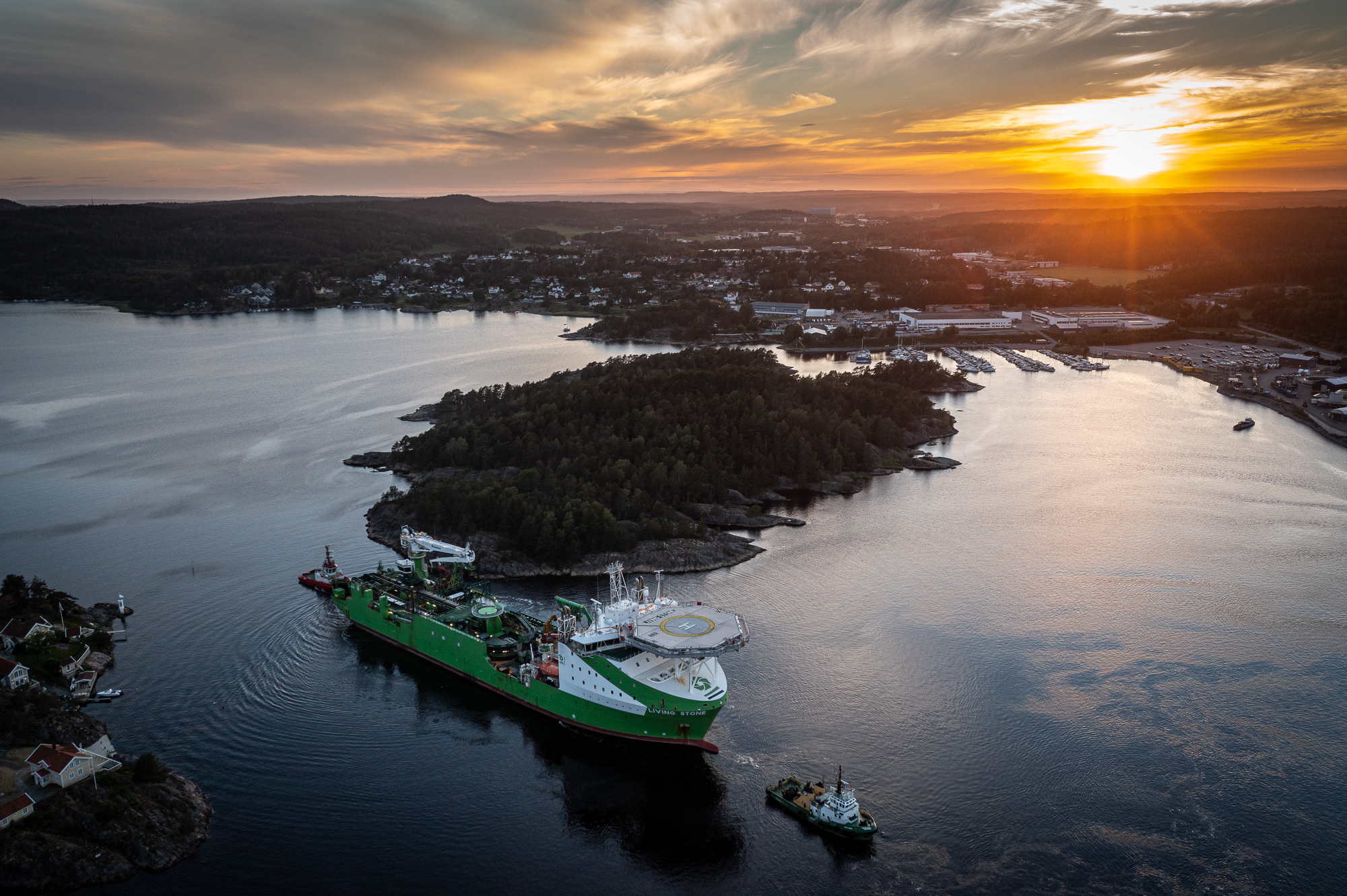 An aerial photo of the Living Stone vessel