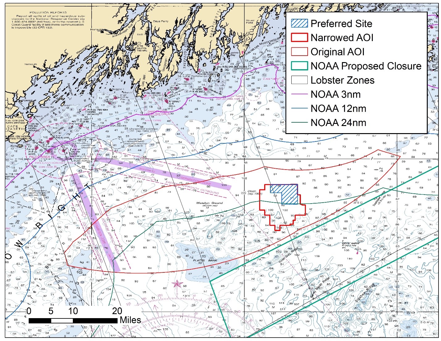 An image showing a map with the location of the preferred site for Maine's floating wind research array