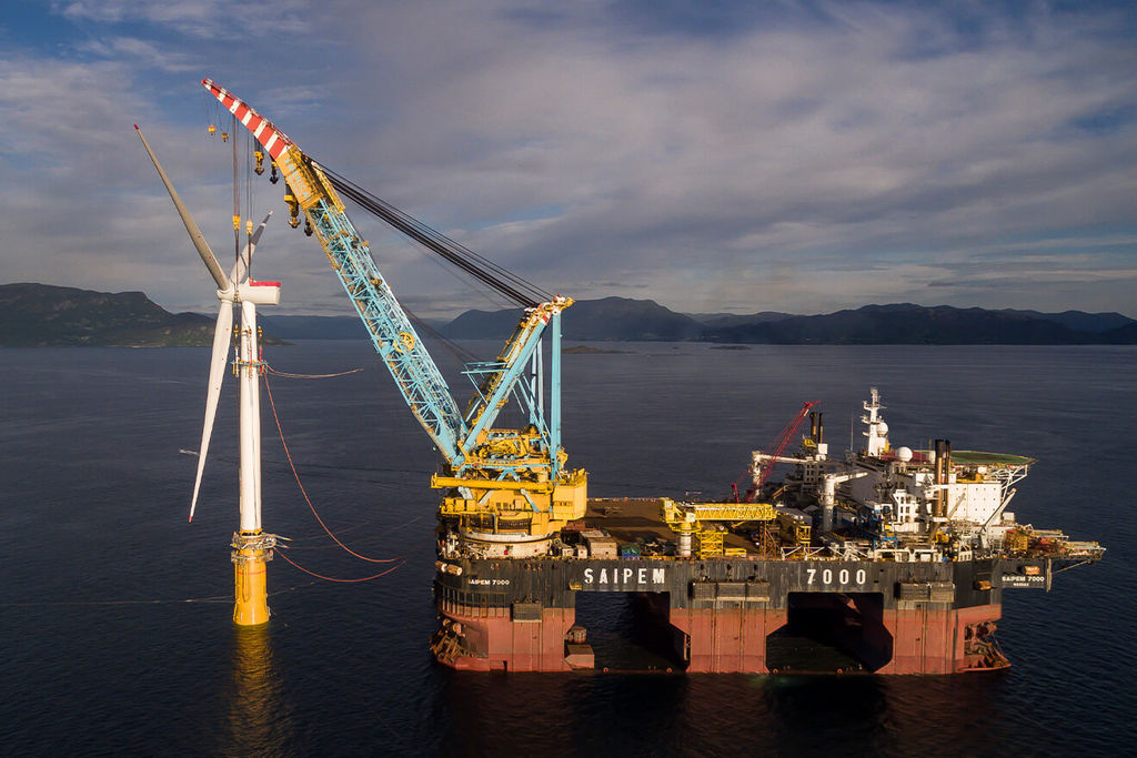 A photo of Saipem's S7000 vessel installing a floating wind turbine