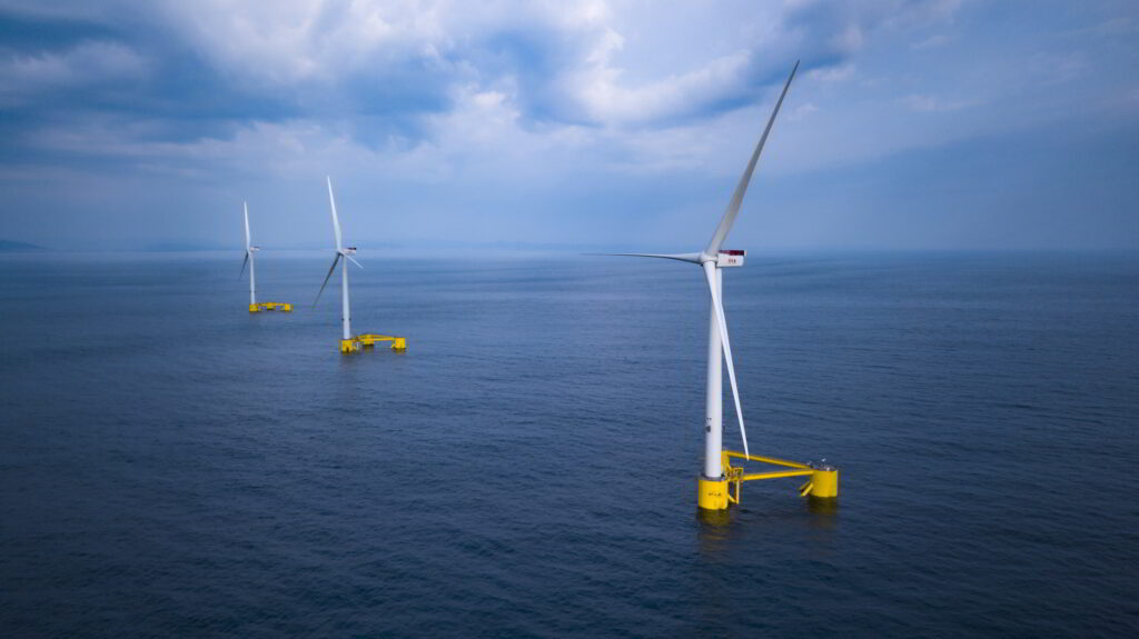 A photo of the WindFloat Atlantic floating wind farm n Portugal