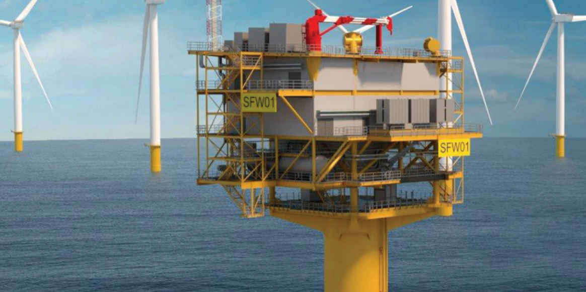 An image rendering the South Fork offshore substation at the project's offshore site