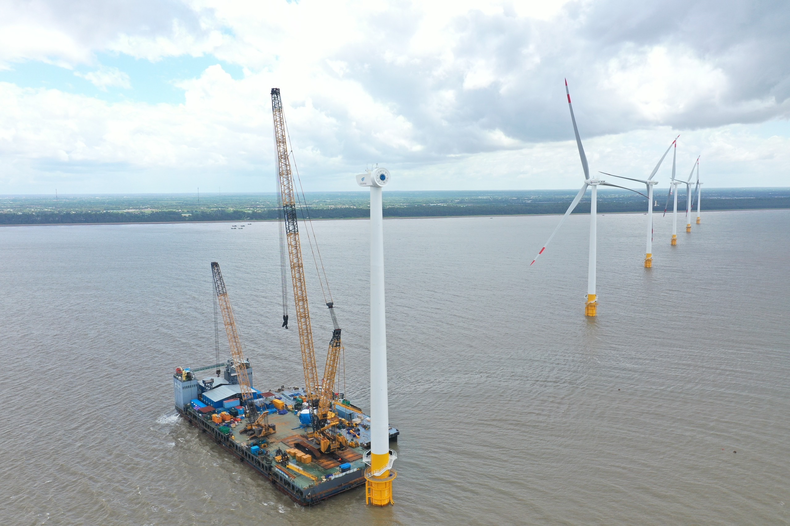 A photo of a wind turbine being installed at Tra Vinh V1-2 nearshore wind farm in Vietnam