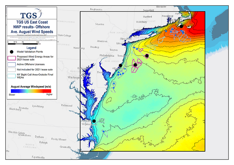 An image showing heatmap of regional coverage compares August wind speeds offshore North East USA