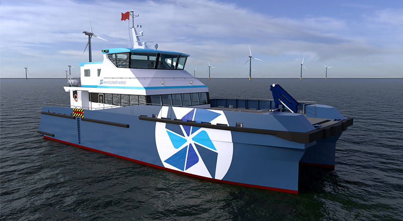 A rendering of Mayflower Wind hybrid electric crew transfer vessel, CTV