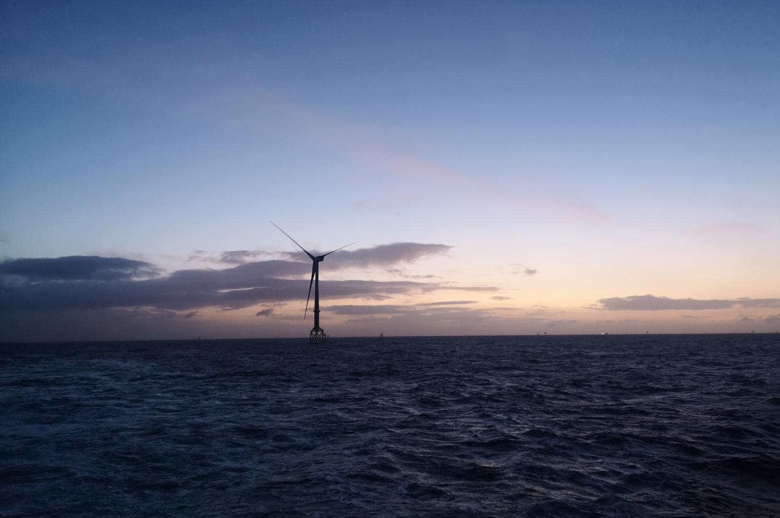 A photo of the first wind turbine at the Moray East offshore wind farm in the UK