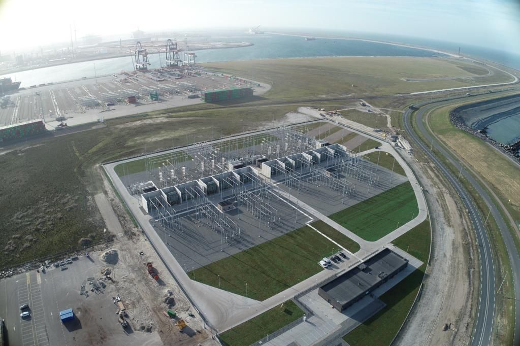 An aerial photo of the Hollandse Kust Zuid onshore substation at Maasvlakte