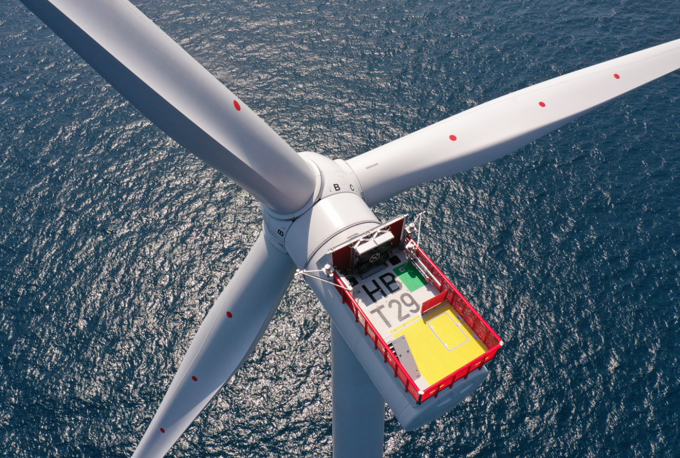 An aerial photo of a wind turbine at Hornsea Two