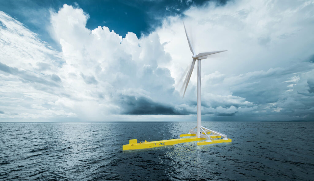 An image visualizing wind turbine on a a trimaran foundation developed by Trivane
