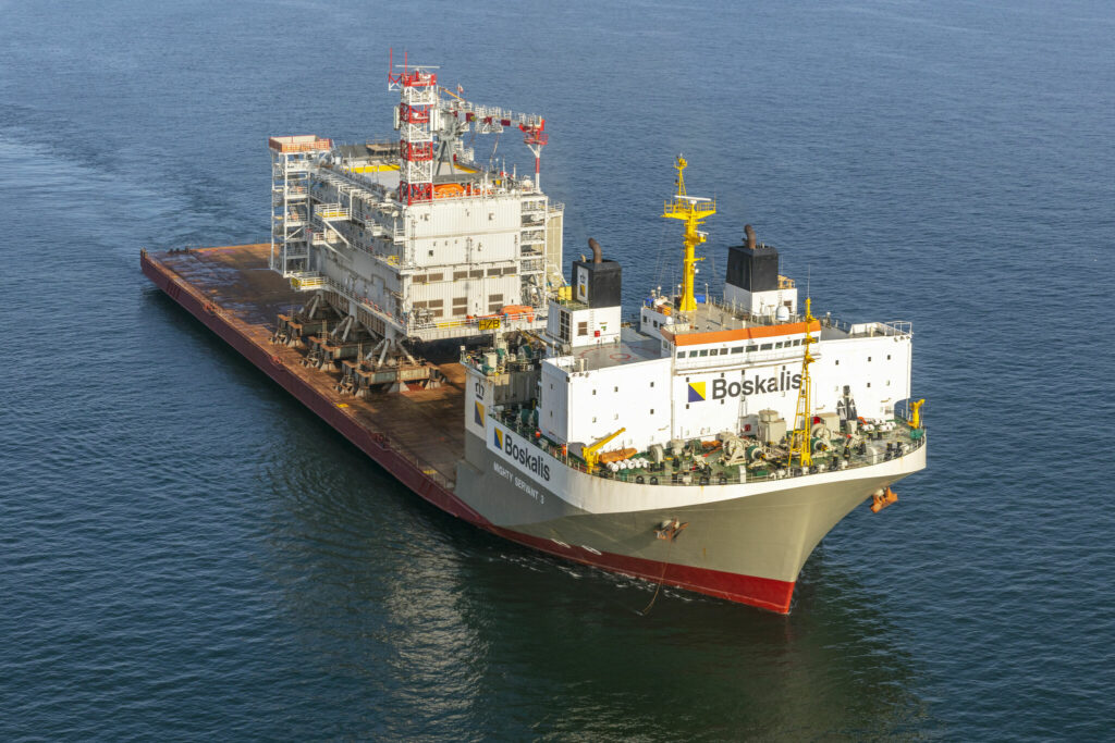 An aerial photo of Boskalis vessel Mighty Servant 3 carrying Hollandse Kust Beta topside