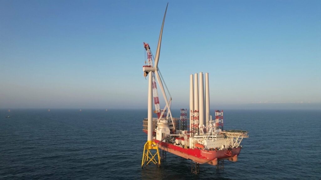 Seajacks Scylla Installing First Turbine  at Greater Changhua 1 & 2a Offshore Wind Farm