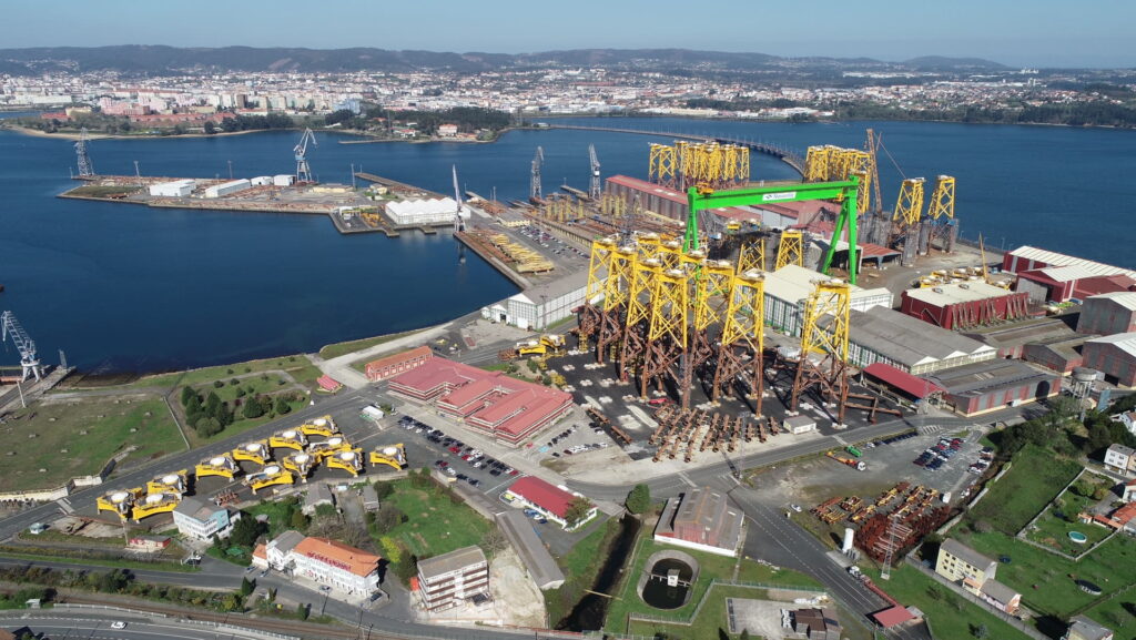 An aerial photo of Saint-Brieuc jackets at Navantia's yard in Fene, Spain