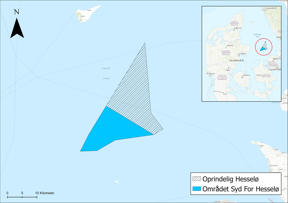 An image mapping old and new location of the Hesselø offshore wind farm