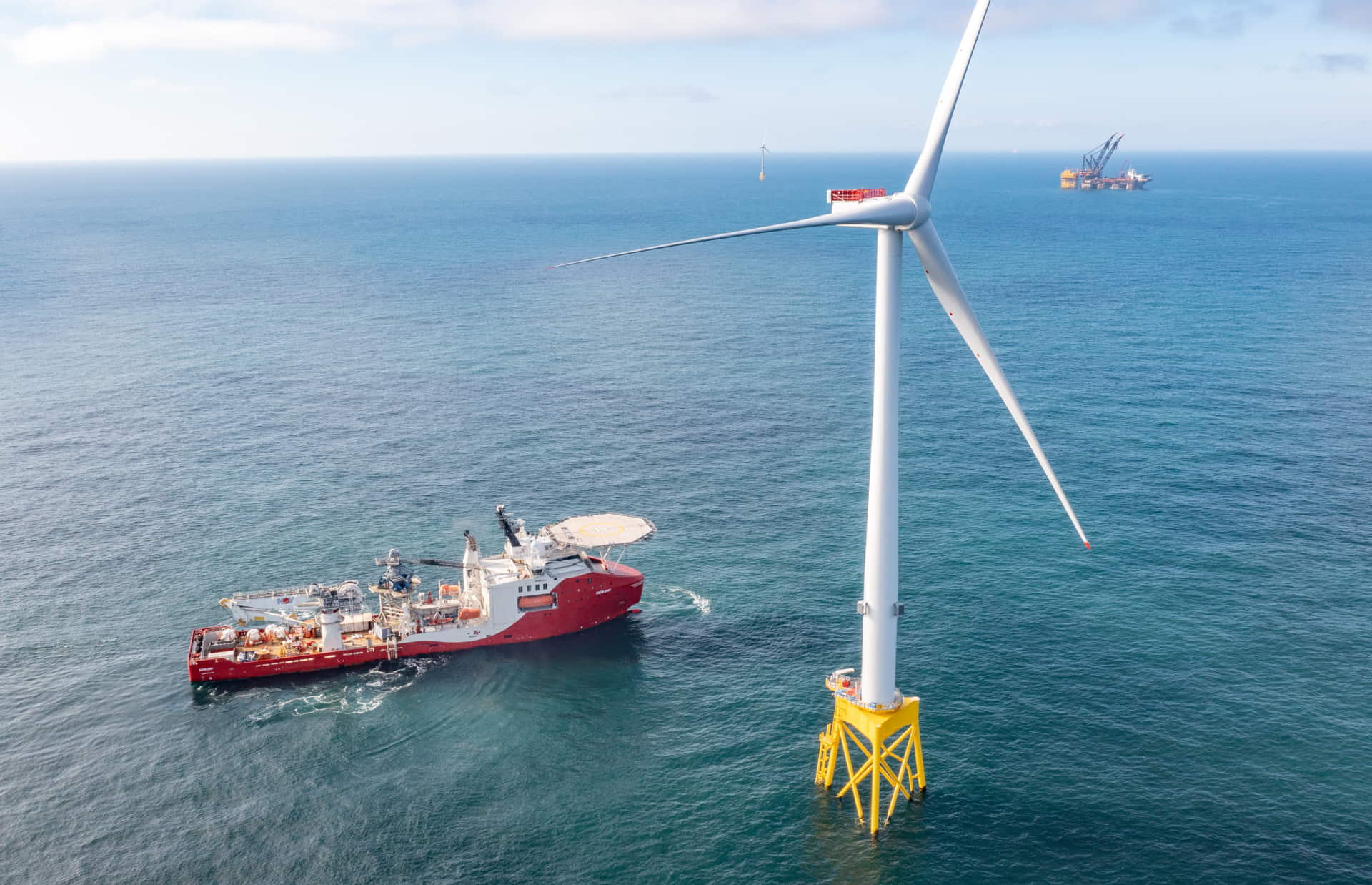 A photo of a wind turbine during commissioning at Seagreen offshore wind farm