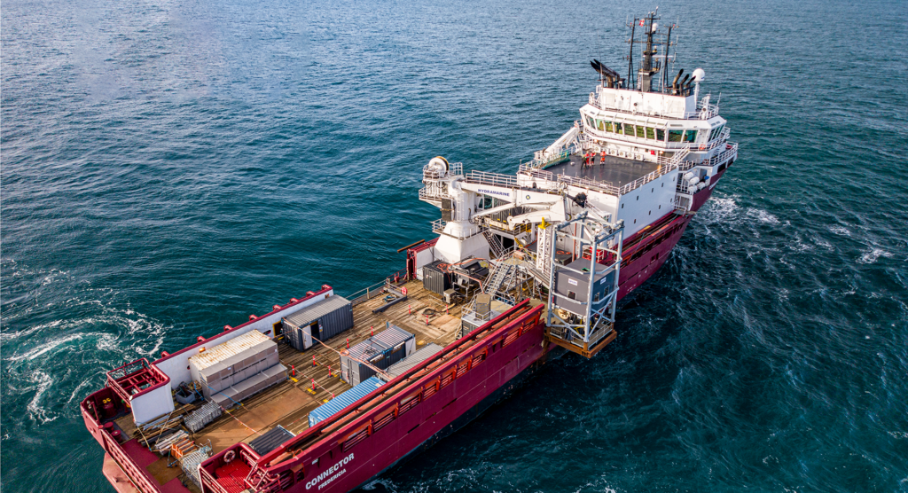 The ‘Connector’ which is c.90m vessel was mobilized from Fredrikshavn in Denmark arrived on site in February to complete Phase One of the Geotech works. (C) GEO