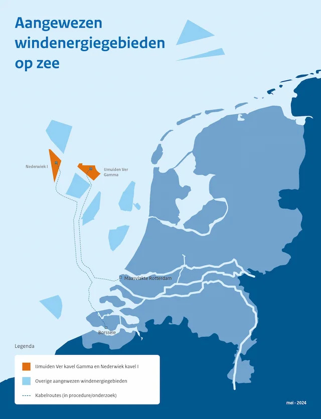 An image showing a map of all upcoming Dutch offshore wind projects, IJmuiden Ver Gamma and Nederwiek 1 sites highlighted