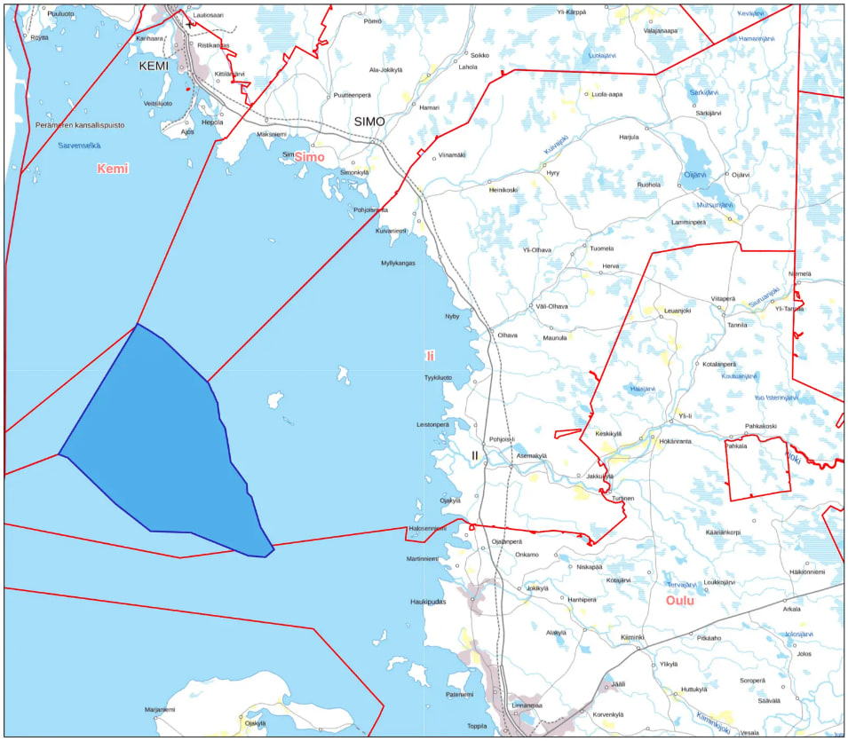 A map showing the location and delineation of the Pooki offshore wind farm Finland