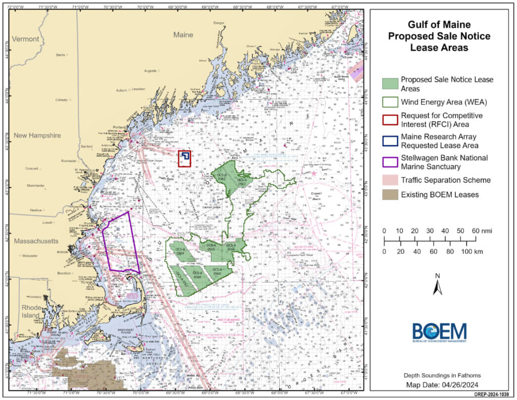 A map showing Gulf of Maine proposed offshore wind lease sale areas