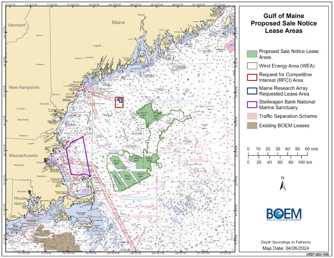 A map showing Gulf of Maine proposed offshore wind lease sale areas