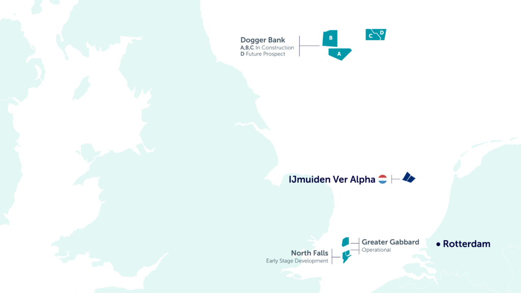 A map showing IJmuiden Ver Alpha site and SSE Renewables North Sea projects