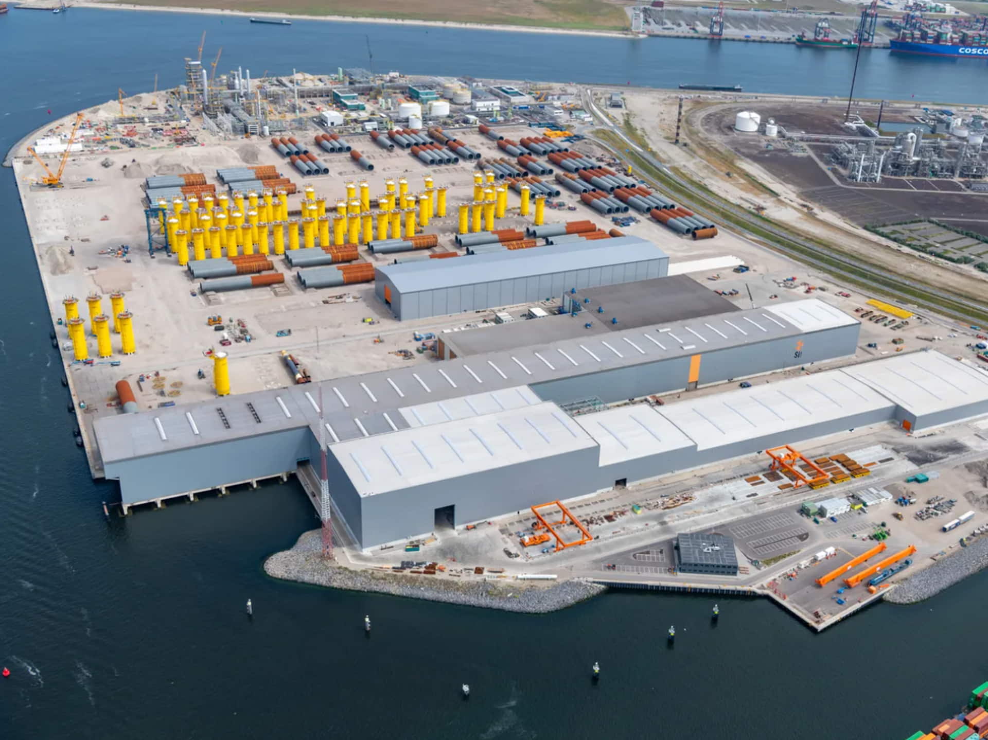 An aerial view of Sif's monopile foundation manufacturing site at Maasvlakte 2 terminal in Rotterddam