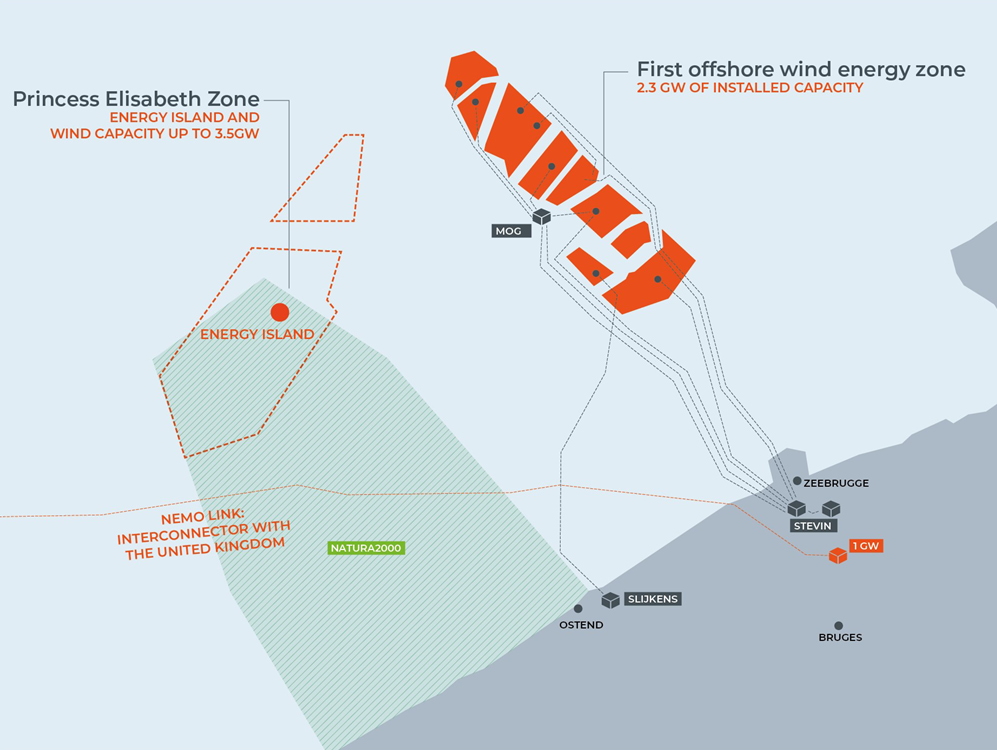 A map showing the location of Princess Elisabeth energy island