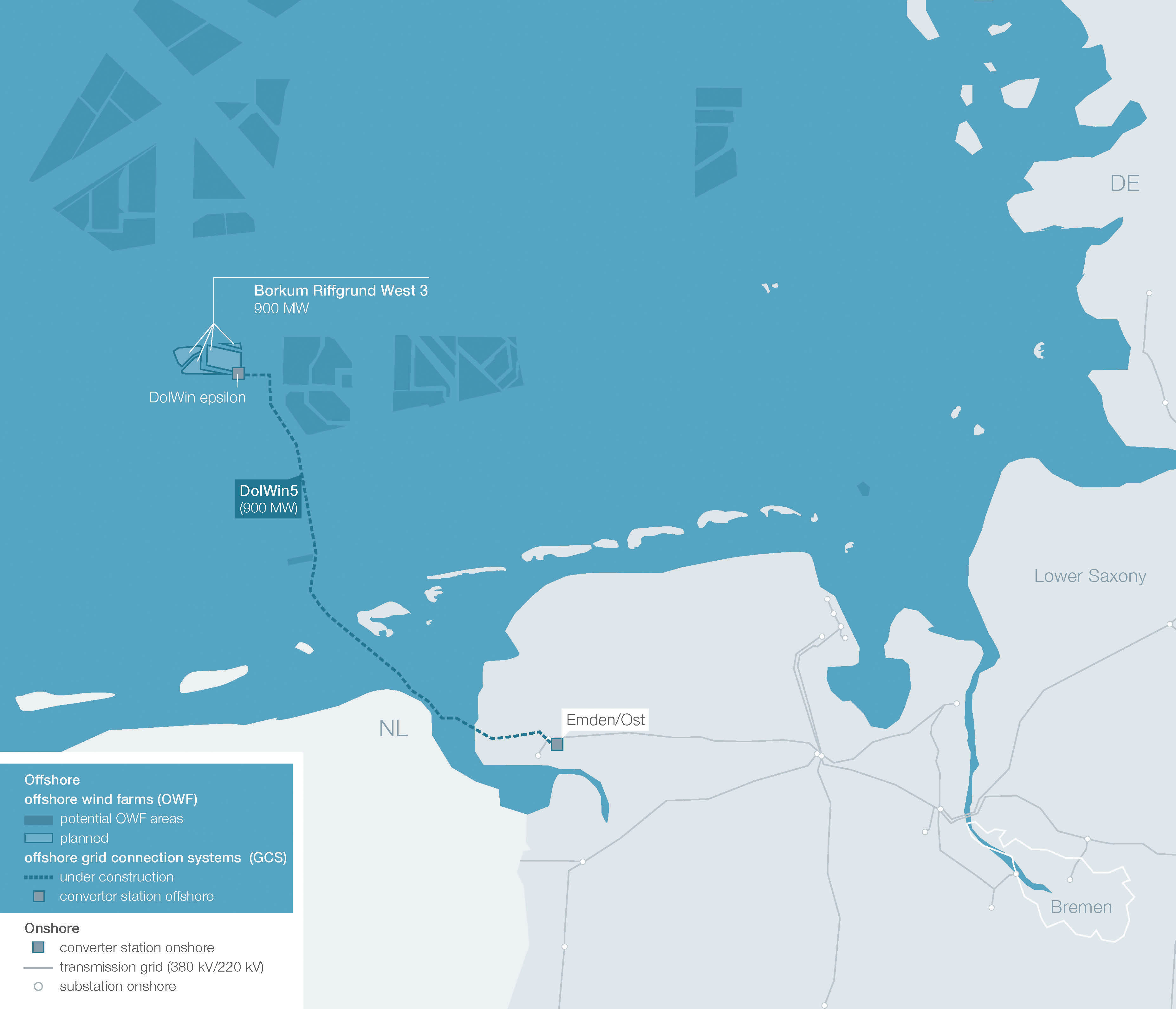 A map showing the DolWin5 offshore grid connection system