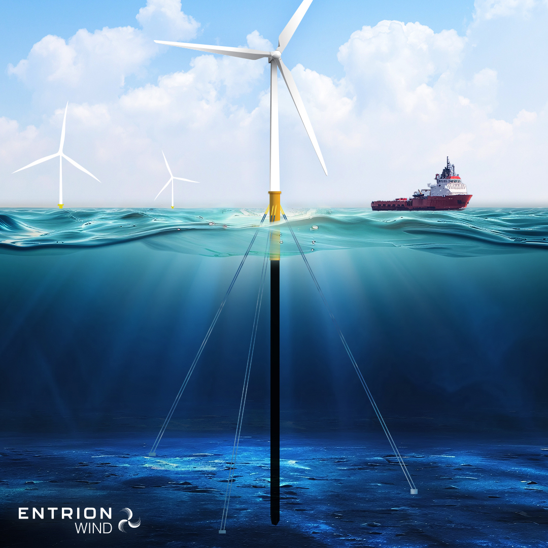 A visual render of Entrion Wind's fully restrained platform monopile at sea