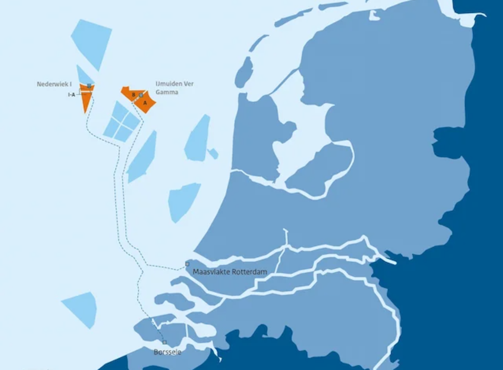 A map showing the location of IJmuiden Ver Gamma A and B, and Nederwiek IA sites