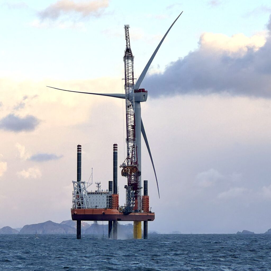 A photo of the last turbine being installed by a jack-up vessel at Jeonnam 1 offshore wind farm in South Korea