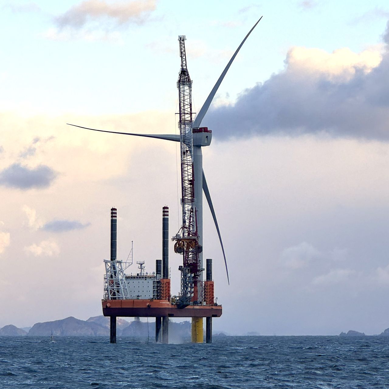 A photo of the last turbine being installed by a jack-up vessel at Jeonnam 1 offshore wind farm in South Korea