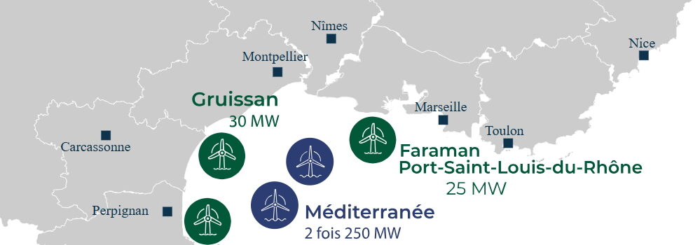 A map of French floating wind projects in the Mediterranean Sea