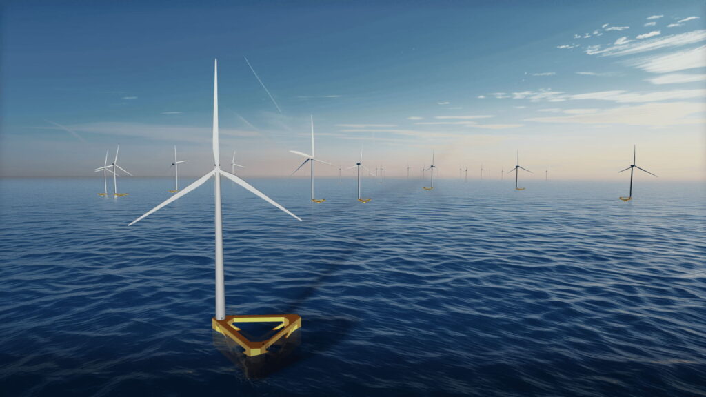 A visualization of WindHive 15-H3 floating turbines at sea