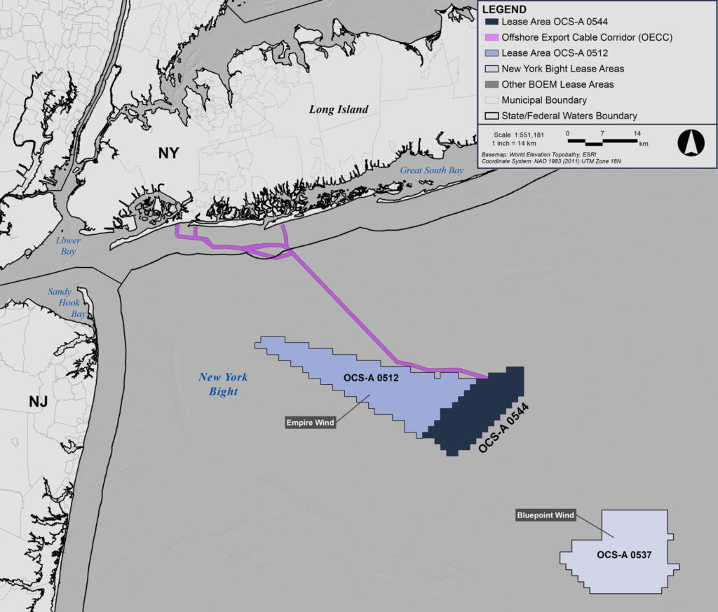 A map showinf Vineyard Mid-Atlantic offshore wind lease area