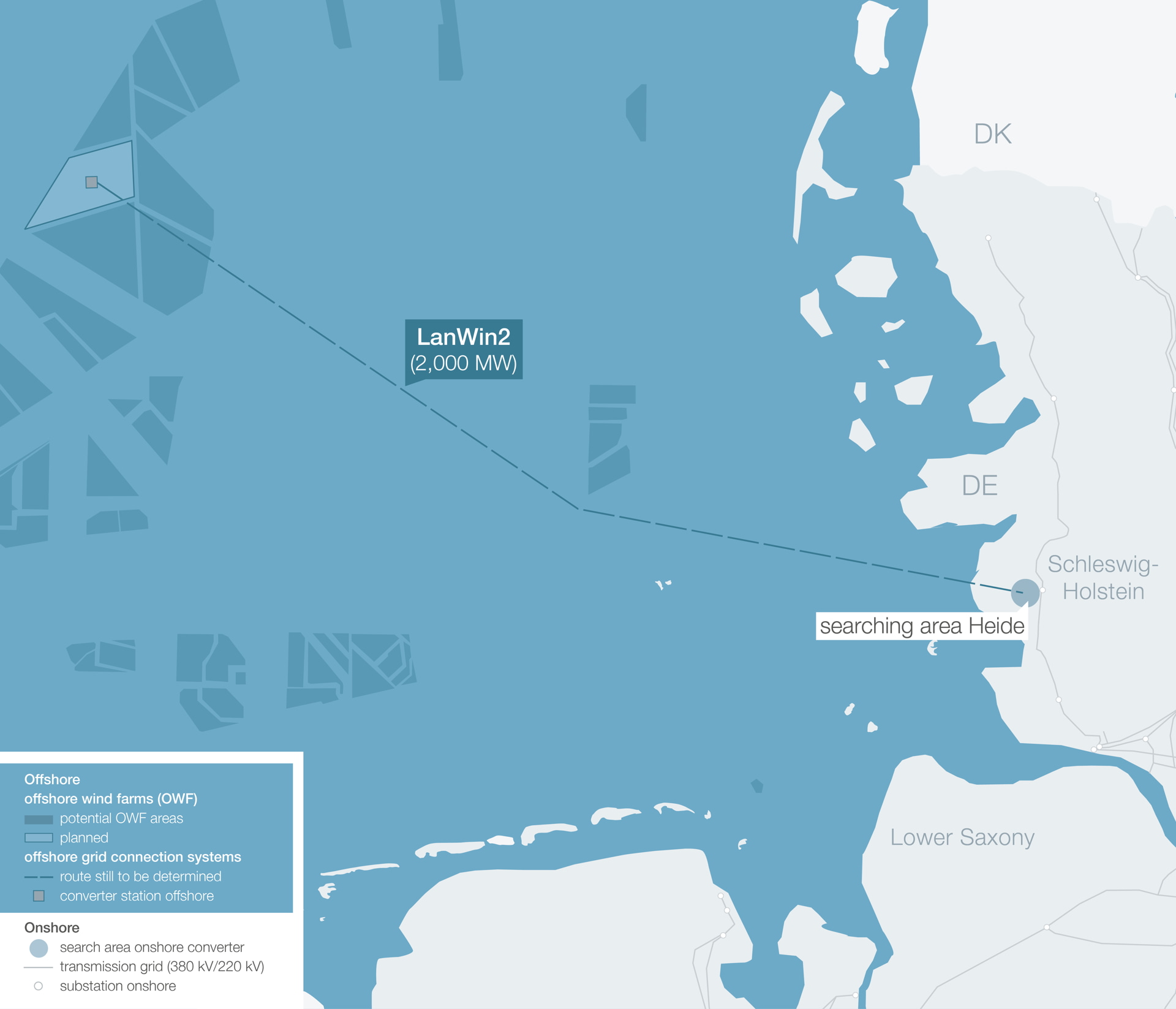 A map showing the offshore grid connection LanWin2 in German North Sea