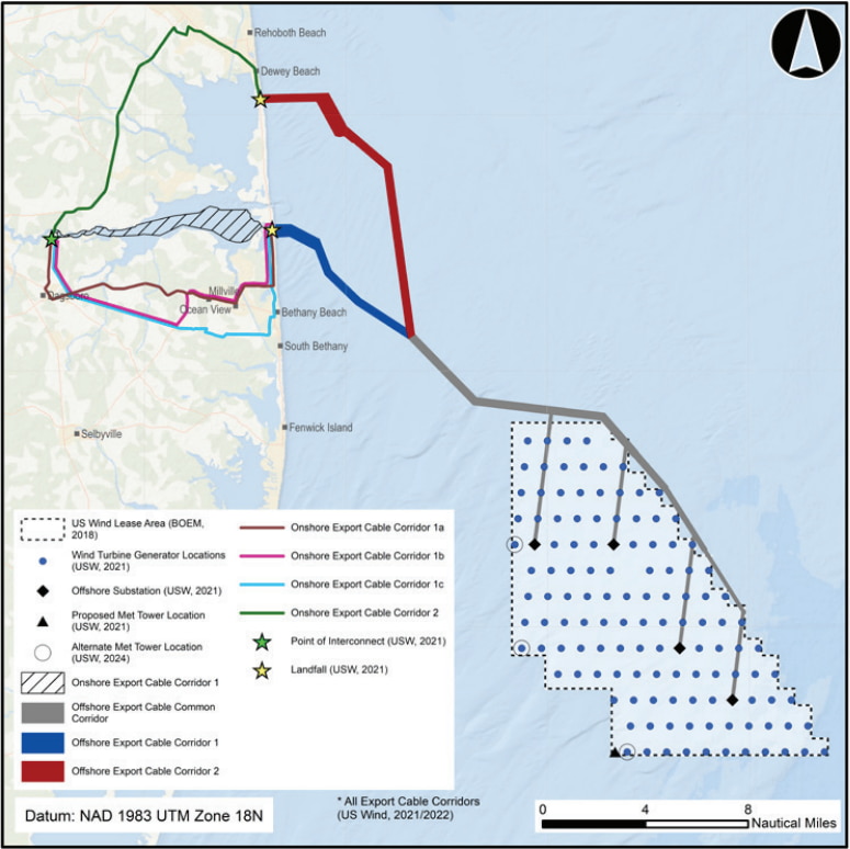 A map showing the layout of US Wind's Maryland offshore wind project