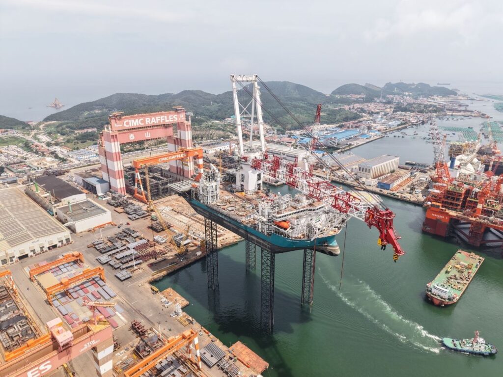 DEME's Norse Wind during jacking tes at Yantai CIMC Raffles shipyard