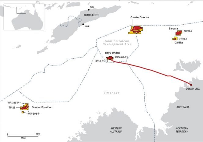 The maps shows the oil and gas fields in the Timor Sea with border showing the JPDA which will now fall under the Timorese juristiction