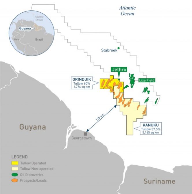 The maps shows Tullow's Orinduik block near Exxon's Stabroek block where more than a dozen oil discoveries have been made over the past three years