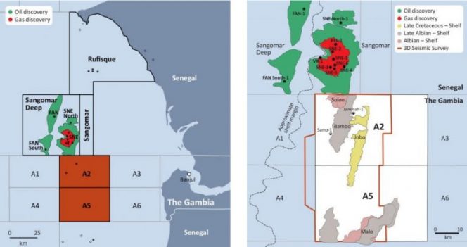 Figure 1. Location of The Gambia licenses / Figure 2. A2 & A5 prospects and leads