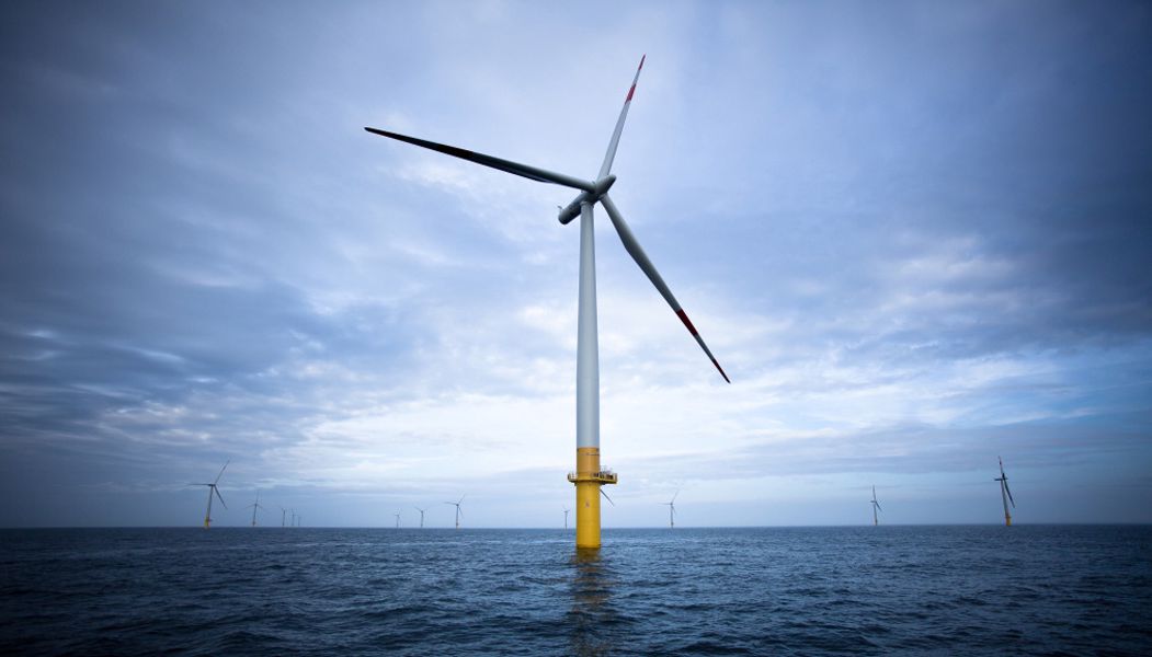 A photo of of Baltic 1 offshore wind farm with one turbine close up and in focus