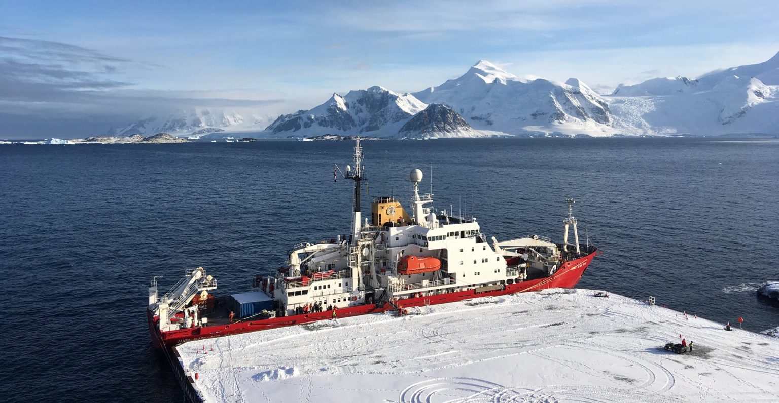 The RRS James Clark Ross moored at the new wharf at Rothera Research Station