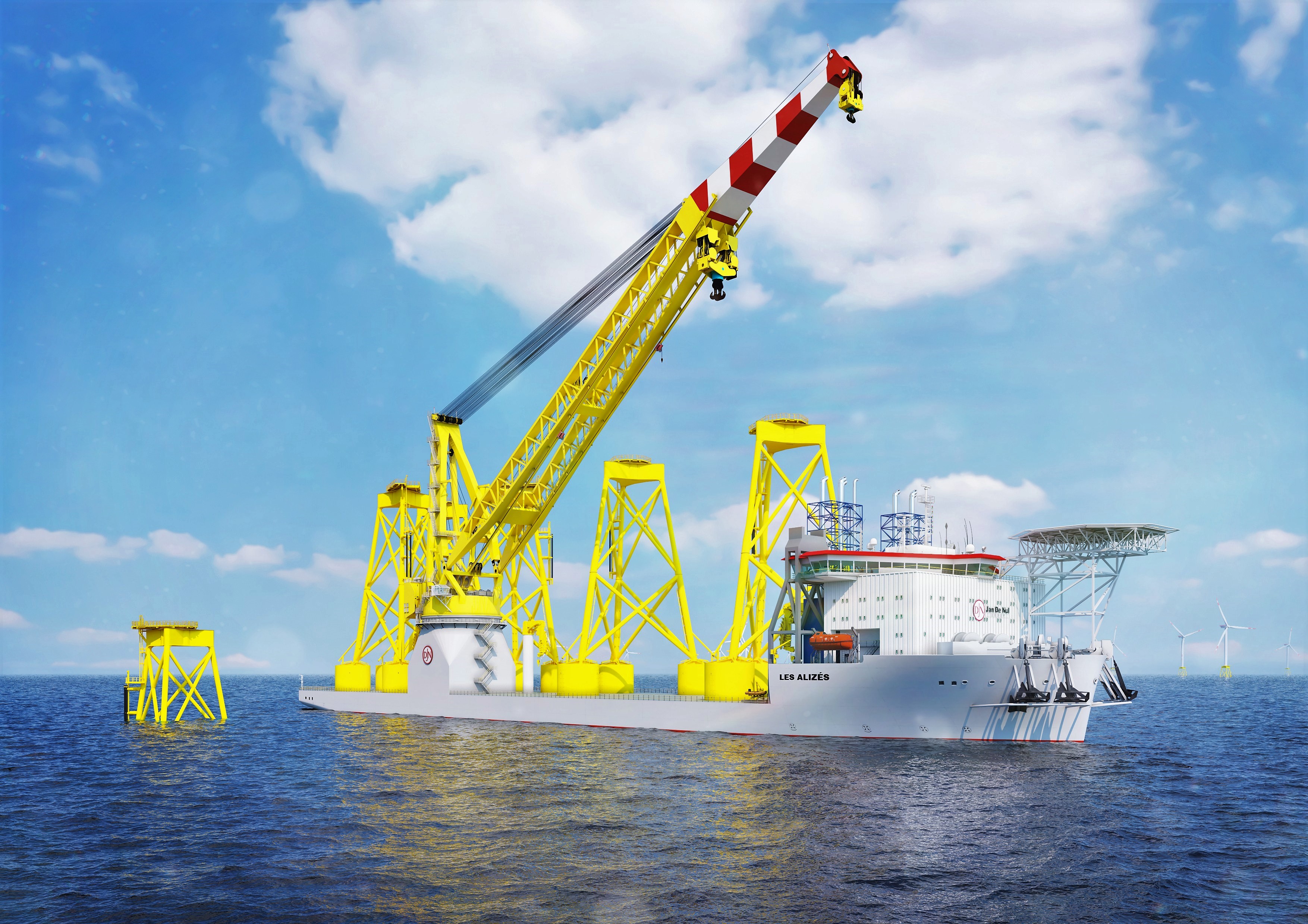 Rendering of the Les Alizés vessel at sea with a lifted crane