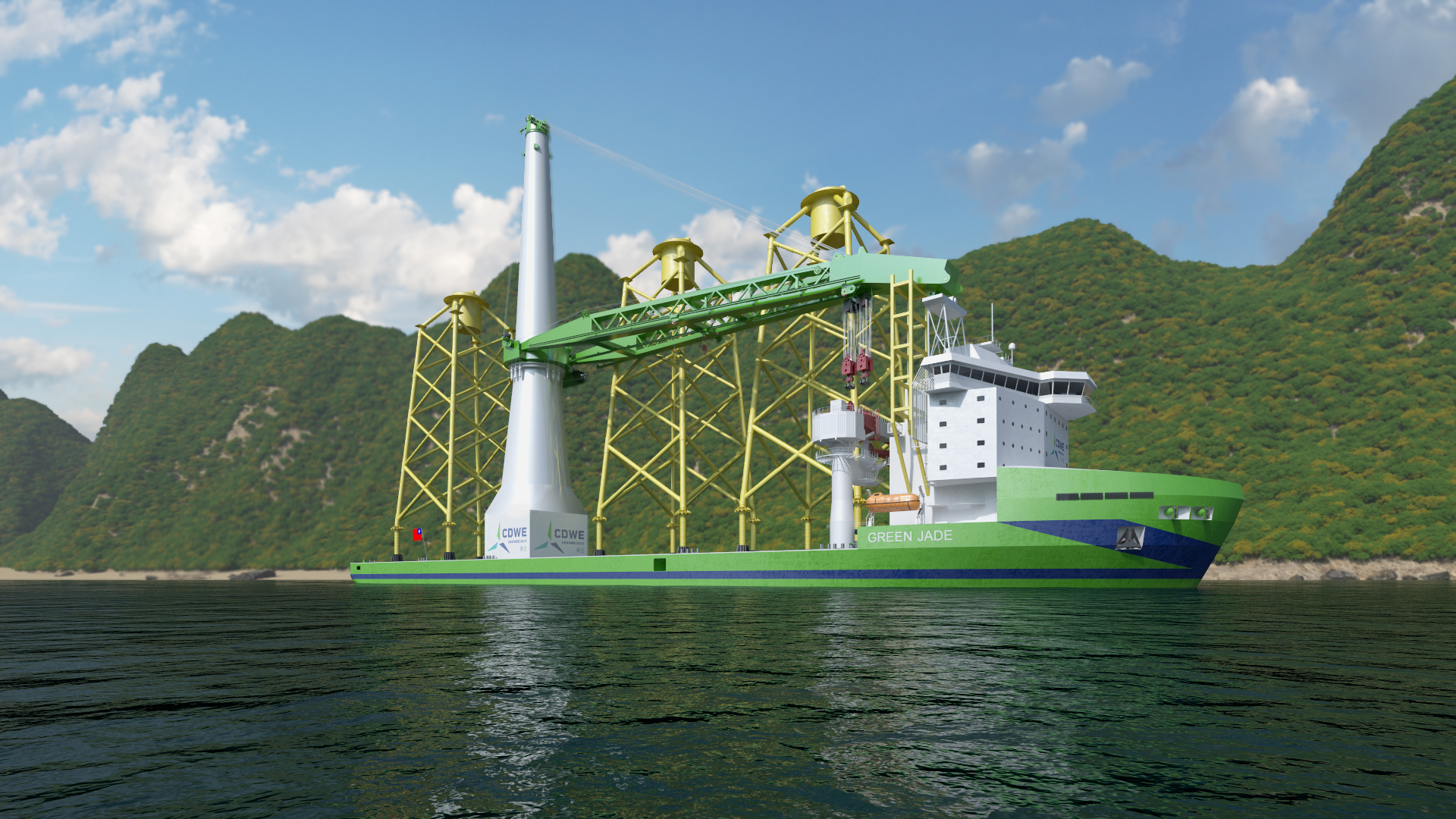 An artist impression of the Green Jade installation vessel in front of a green mountain