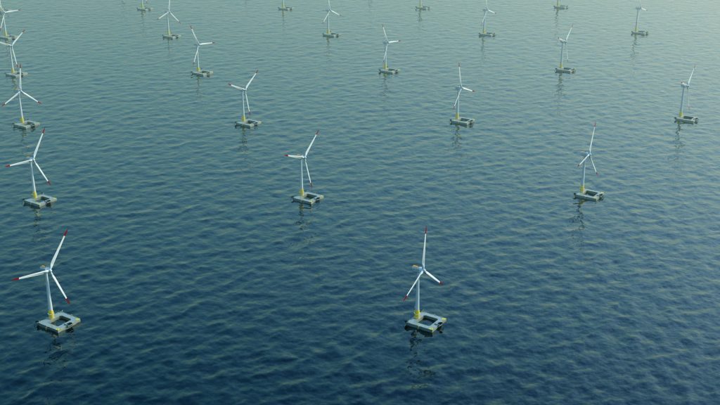 An artist impression of floating wind turbines at sea