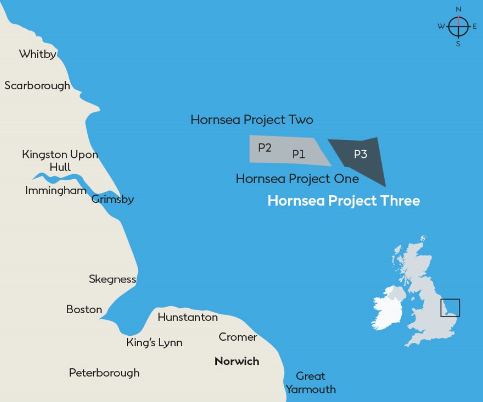 An image mapping the Hornsea Projects, including Hornsea Three, off the UK coast