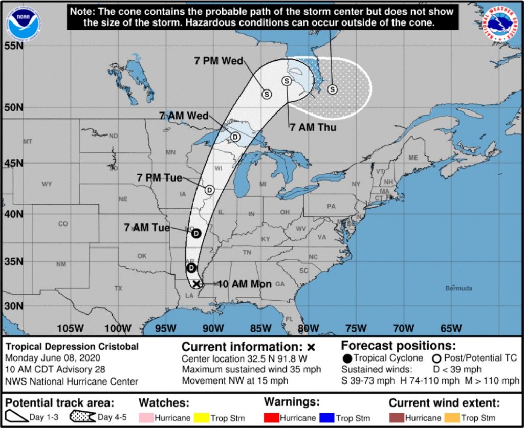 Movement of Cristobal storm; Source: NWS