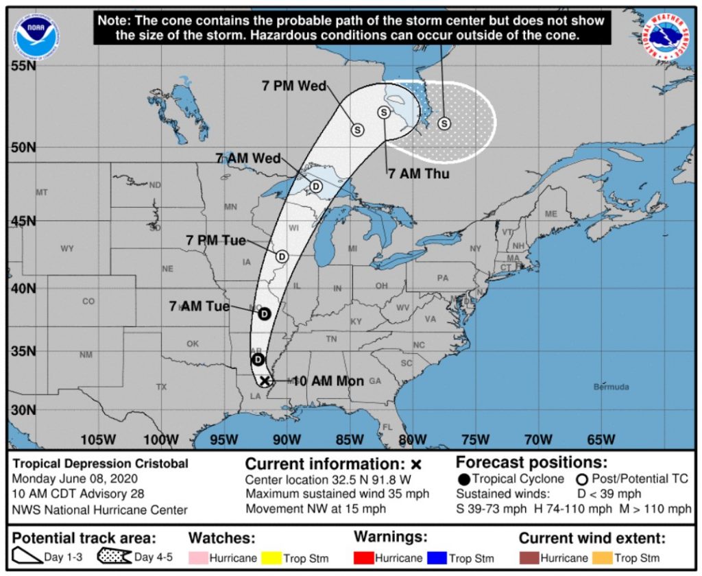 Movement of storm Cristobal; Source: NWS