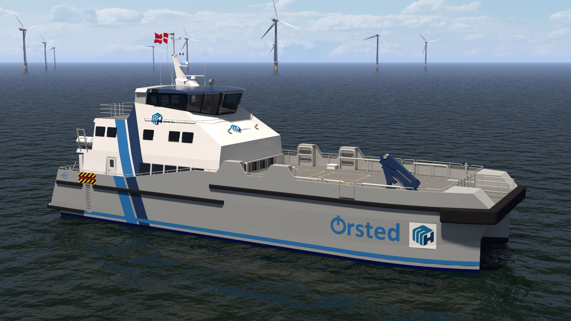 Artist's impression of the hybrid CTV at an offshore wind farm